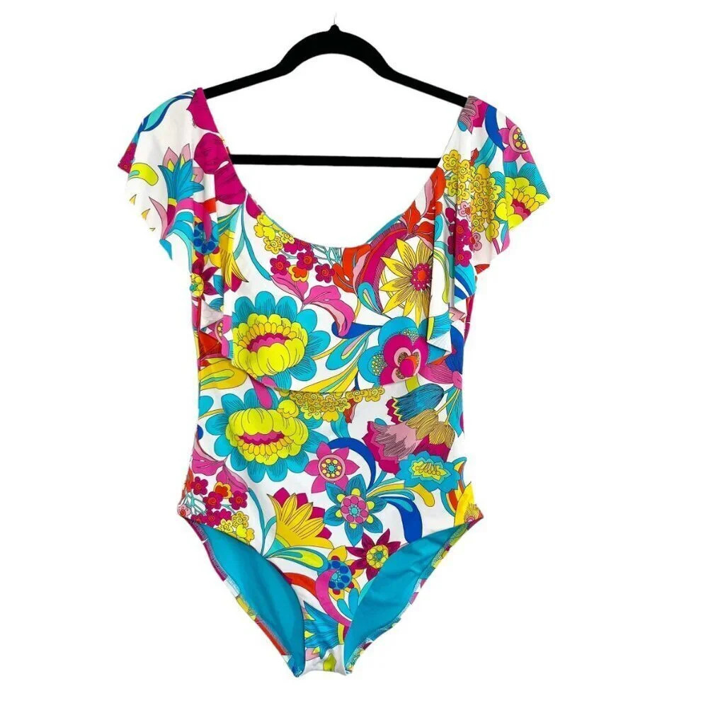 Trina Turk Bright Colorful Floral Off the Shoulder Ruffle One Piece Swim Suit 12